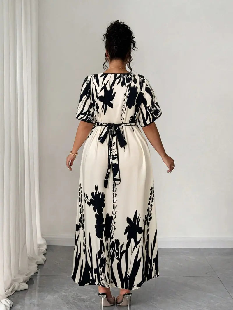 Robe Trapèze Imprimé Floral – Robe Élégante Col V Cintrée à la Taille avec Détails Boutonnés