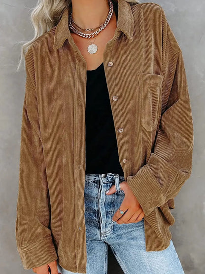 Chemise en Velours Côtelé Boutonnée à Col – Chemise Oversize à Manches Longues avec Poche