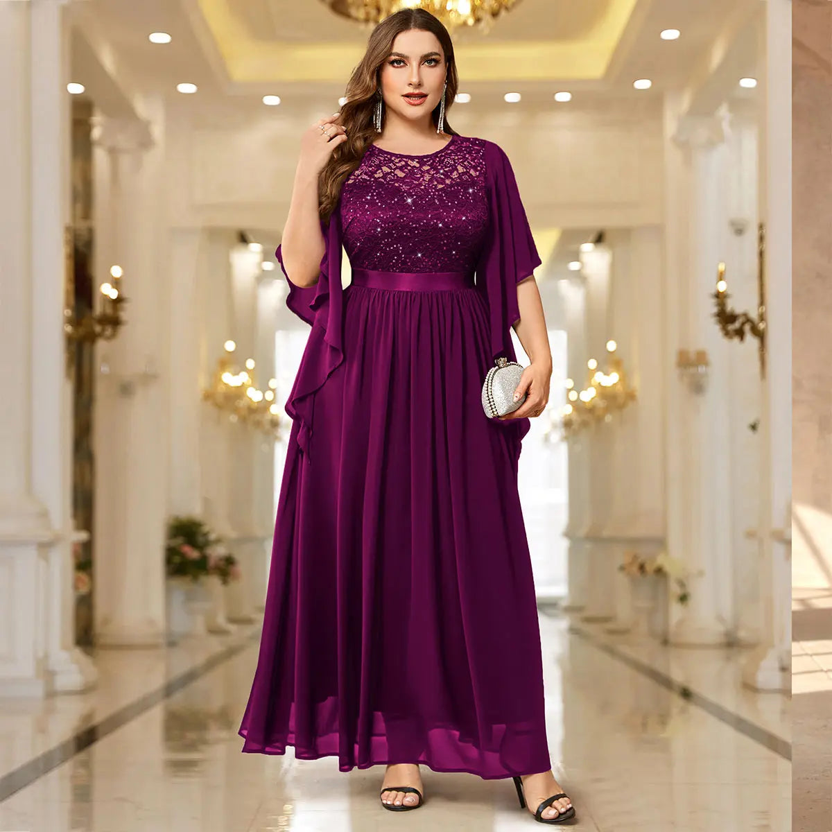 Robe Longue en Mousseline Dentelle et Paillettes à Manches Évasées – Robe de Soirée Élégante