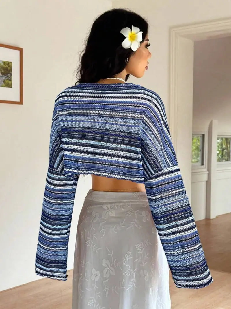 Haut en Tricot Rayé Coloré – Pull Texturé à Manches Évasées
