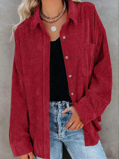Chemise en Velours Côtelé Boutonnée à Col – Chemise Oversize à Manches Longues avec Poche