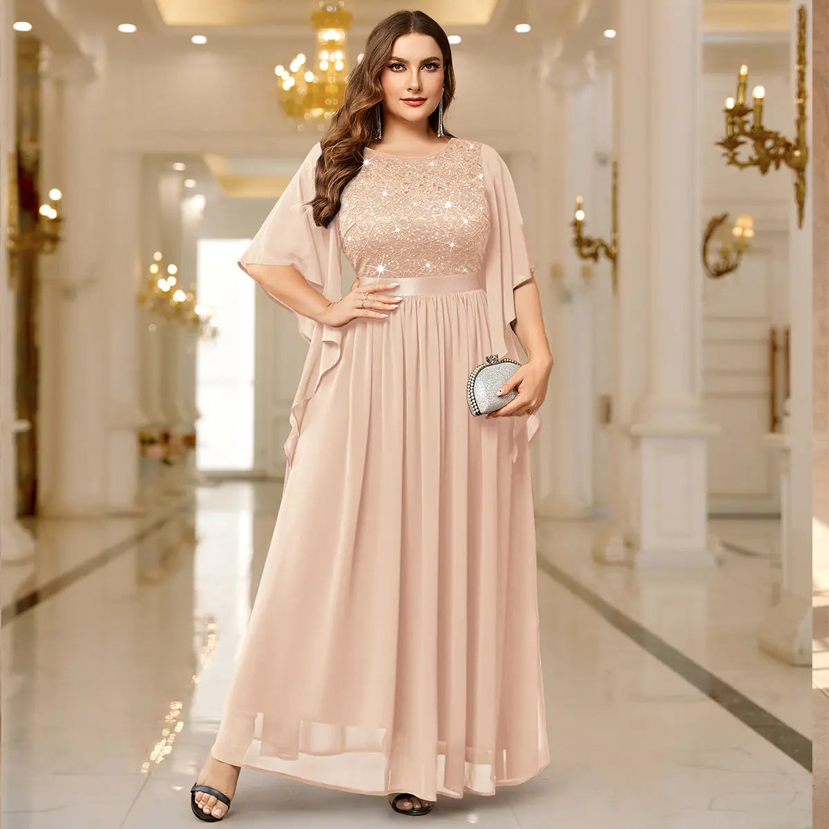 Robe Longue en Mousseline Dentelle et Paillettes à Manches Évasées – Robe de Soirée Élégante
