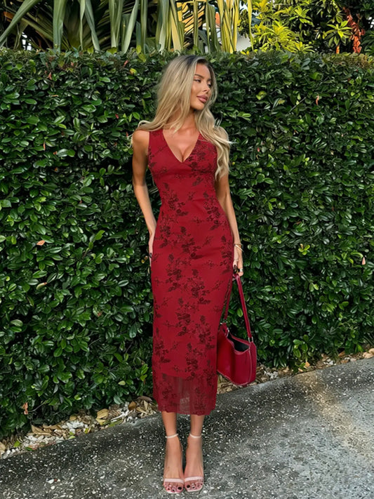 Robe Trapèze en Tricot Fleuri Col V Plongeant – Robe Longue Moulante Élégante