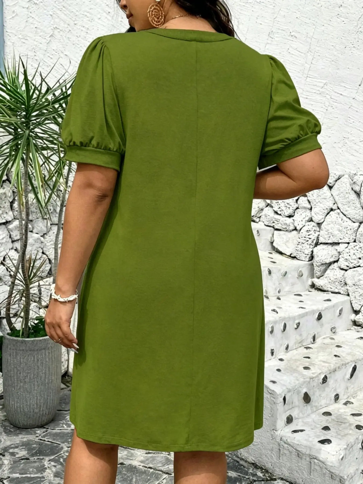 Robe Trapèze Col V à Manches Bouffantes – Robe d'Été Décontractée