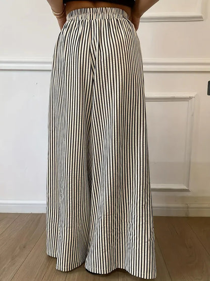 Pantalon Large Rayures Verticales Femme – Pantalon Décontracté Taille Élastique Coupe Ample