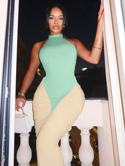 Robe Longue Moulante Colorblock Dos Nu – Robe de Soirée Élégante