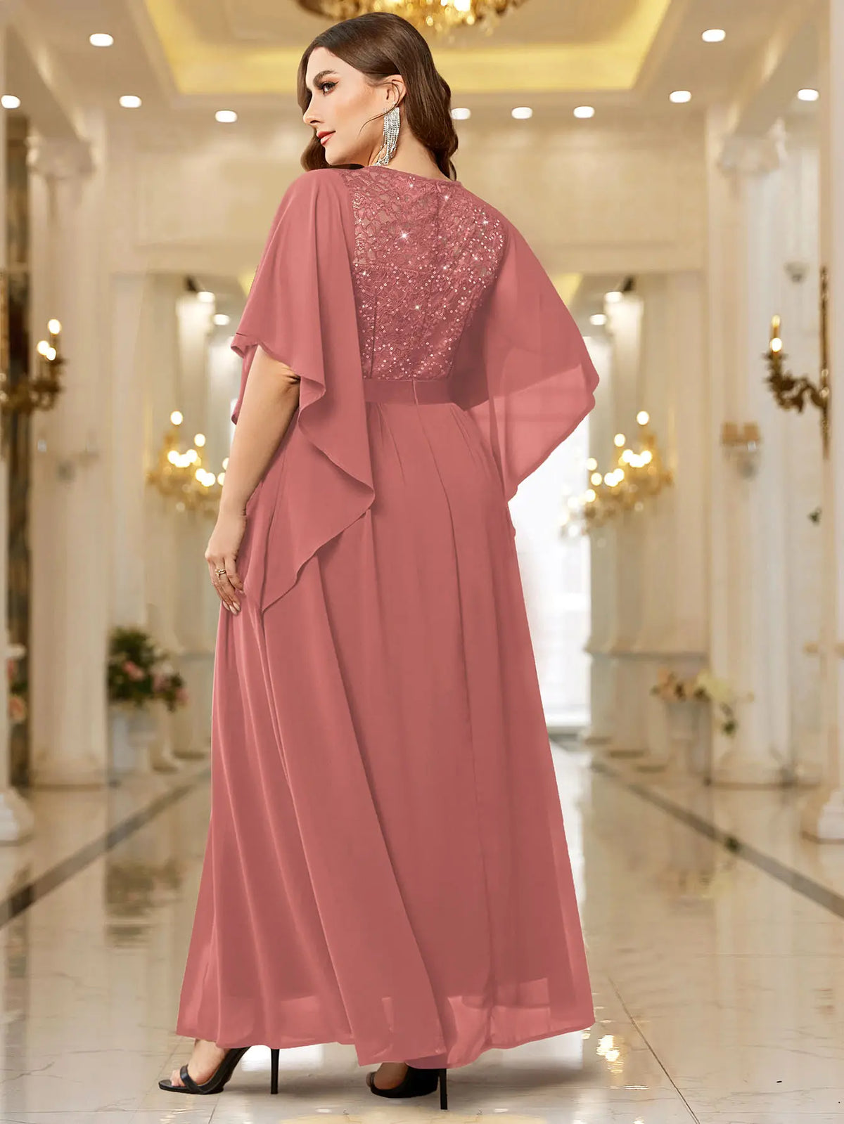 Robe Longue en Mousseline Dentelle et Paillettes à Manches Évasées – Robe de Soirée Élégante