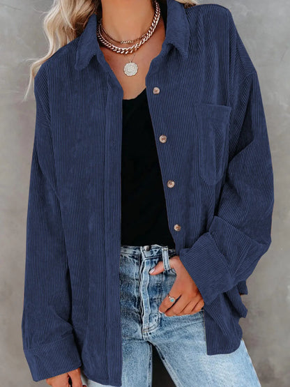 Chemise en Velours Côtelé Boutonnée à Col – Chemise Oversize à Manches Longues avec Poche