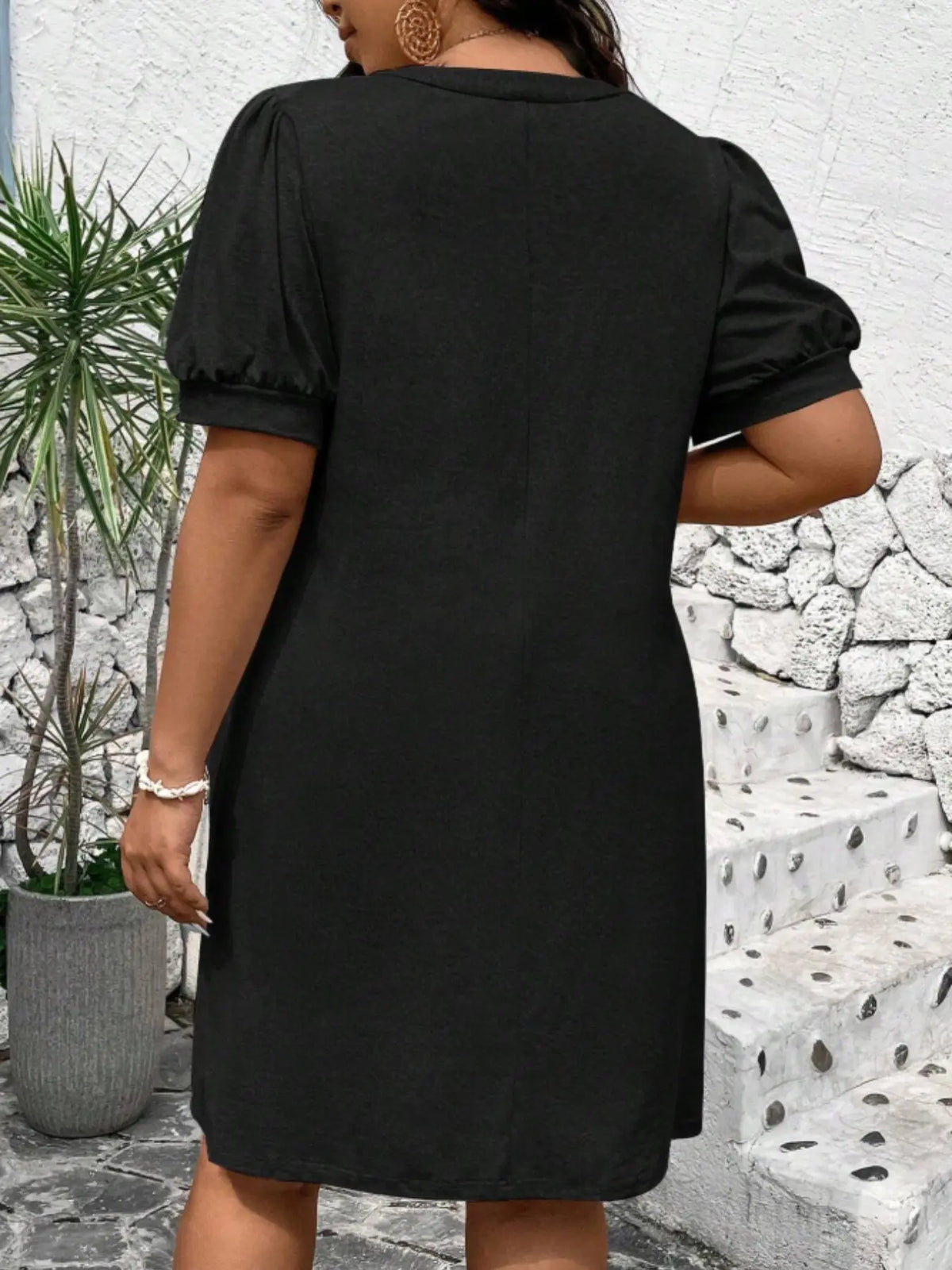 Robe Trapèze Col V à Manches Bouffantes – Robe d'Été Décontractée