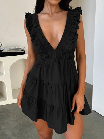 Robe Ajustée à Volants Col V Plongeant – Essentiel d'Été Décontracté