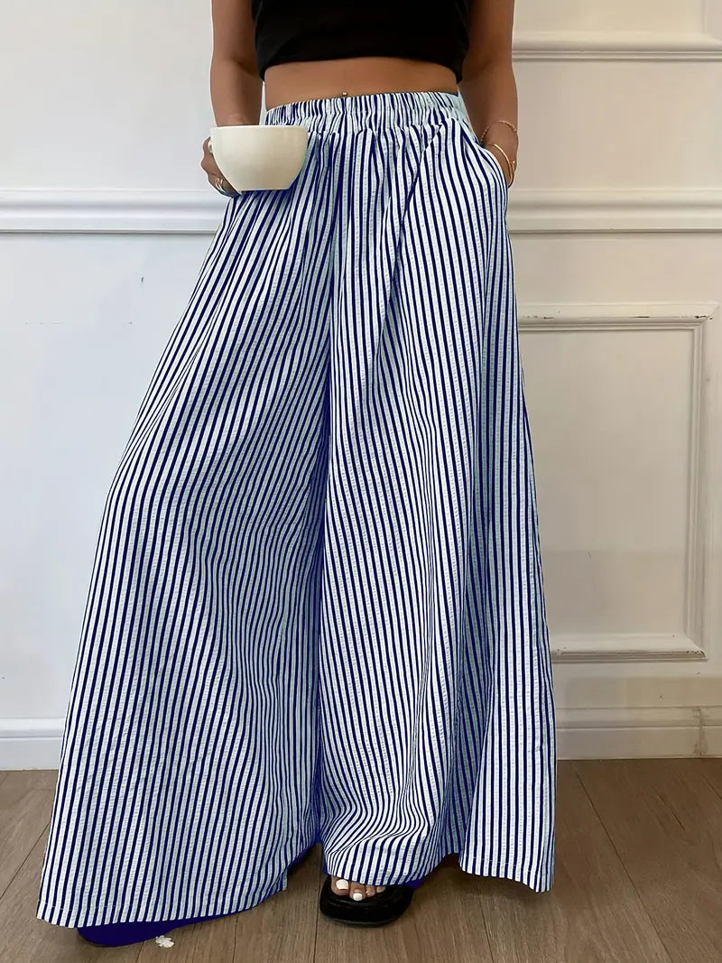 Pantalon Large Rayures Verticales Femme – Pantalon Décontracté Taille Élastique Coupe Ample