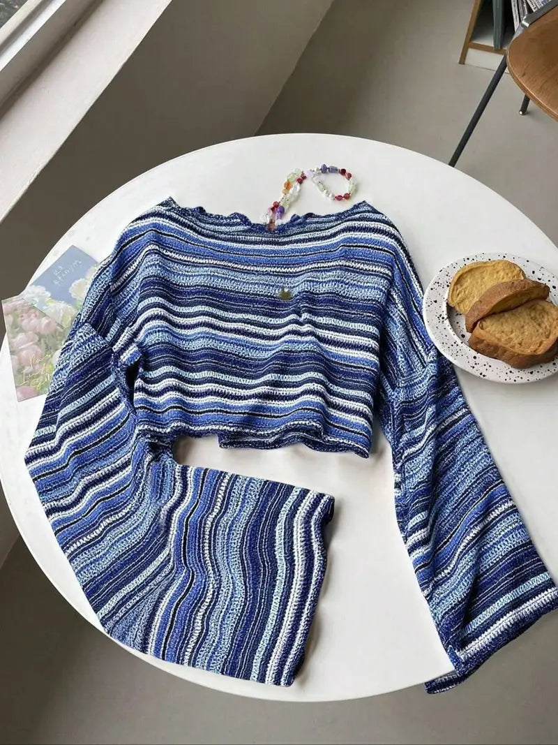 Haut en Tricot Rayé Coloré – Pull Texturé à Manches Évasées