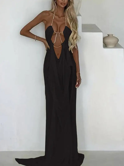 Robe Longue Dos Nu en Mesh Patchwork – Robe de Soirée Col Dos Nu Ajourée
