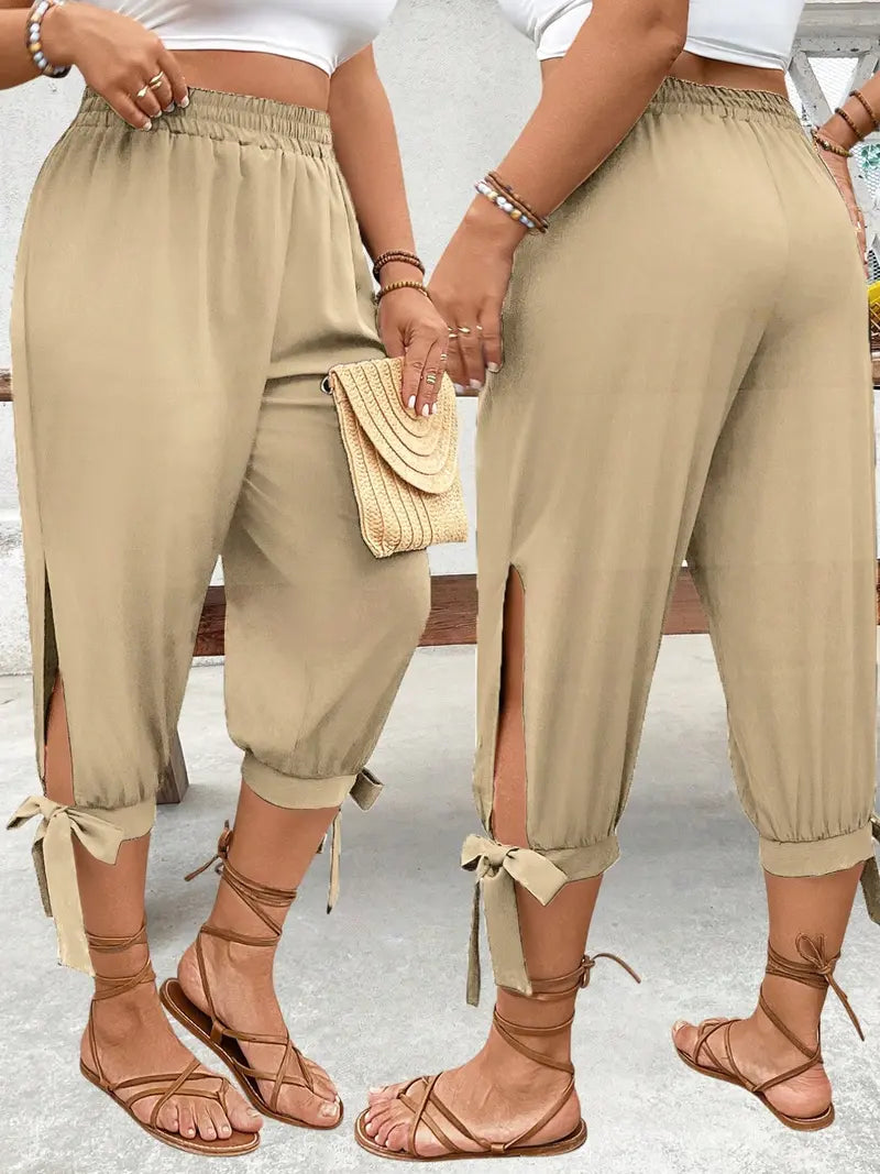 Pantalon Capri Large – Pantalon Décontracté Taille Élastique avec Fente Latérale et Détail Nœud