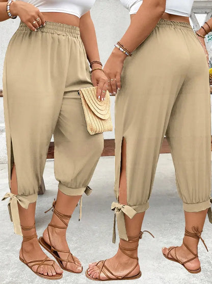 Pantalon Capri Large – Pantalon Décontracté Taille Élastique avec Fente Latérale et Détail Nœud
