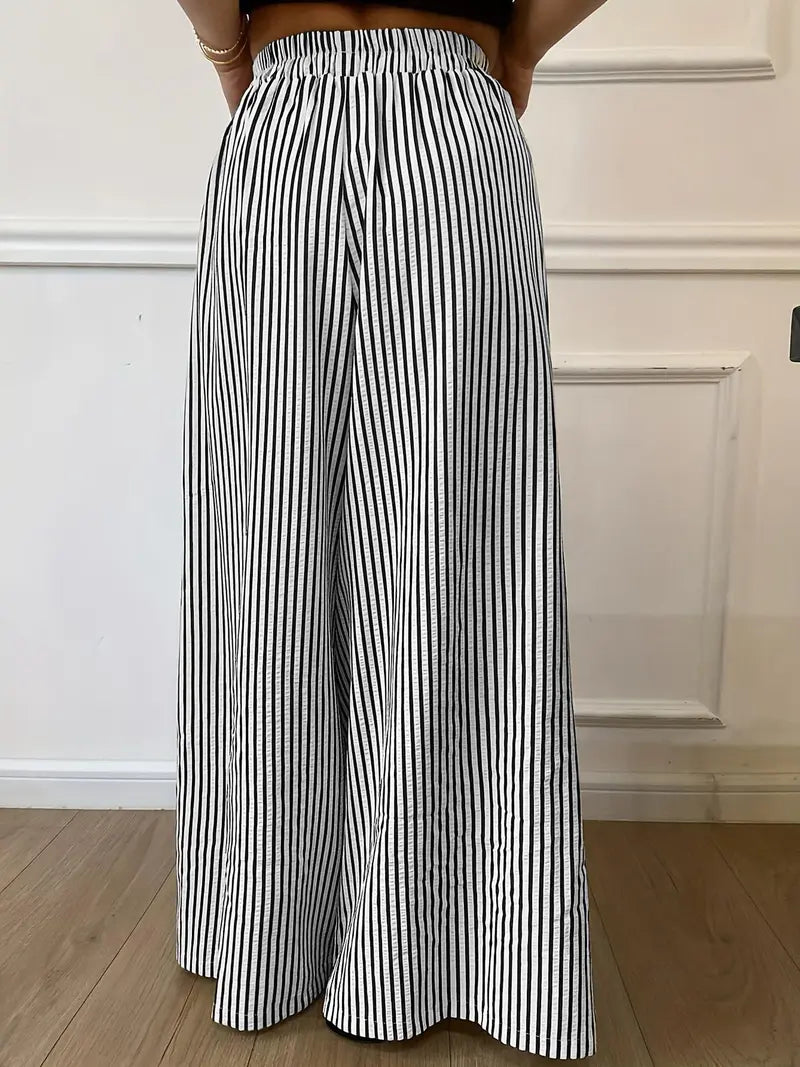 Pantalon Large Rayures Verticales Femme – Pantalon Décontracté Taille Élastique Coupe Ample