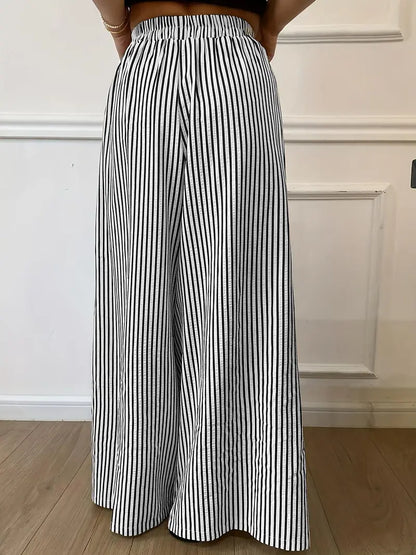 Pantalon Large Rayures Verticales Femme – Pantalon Décontracté Taille Élastique Coupe Ample