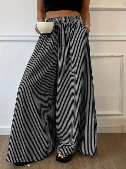 Pantalon Large Rayures Verticales Femme – Pantalon Décontracté Taille Élastique Coupe Ample