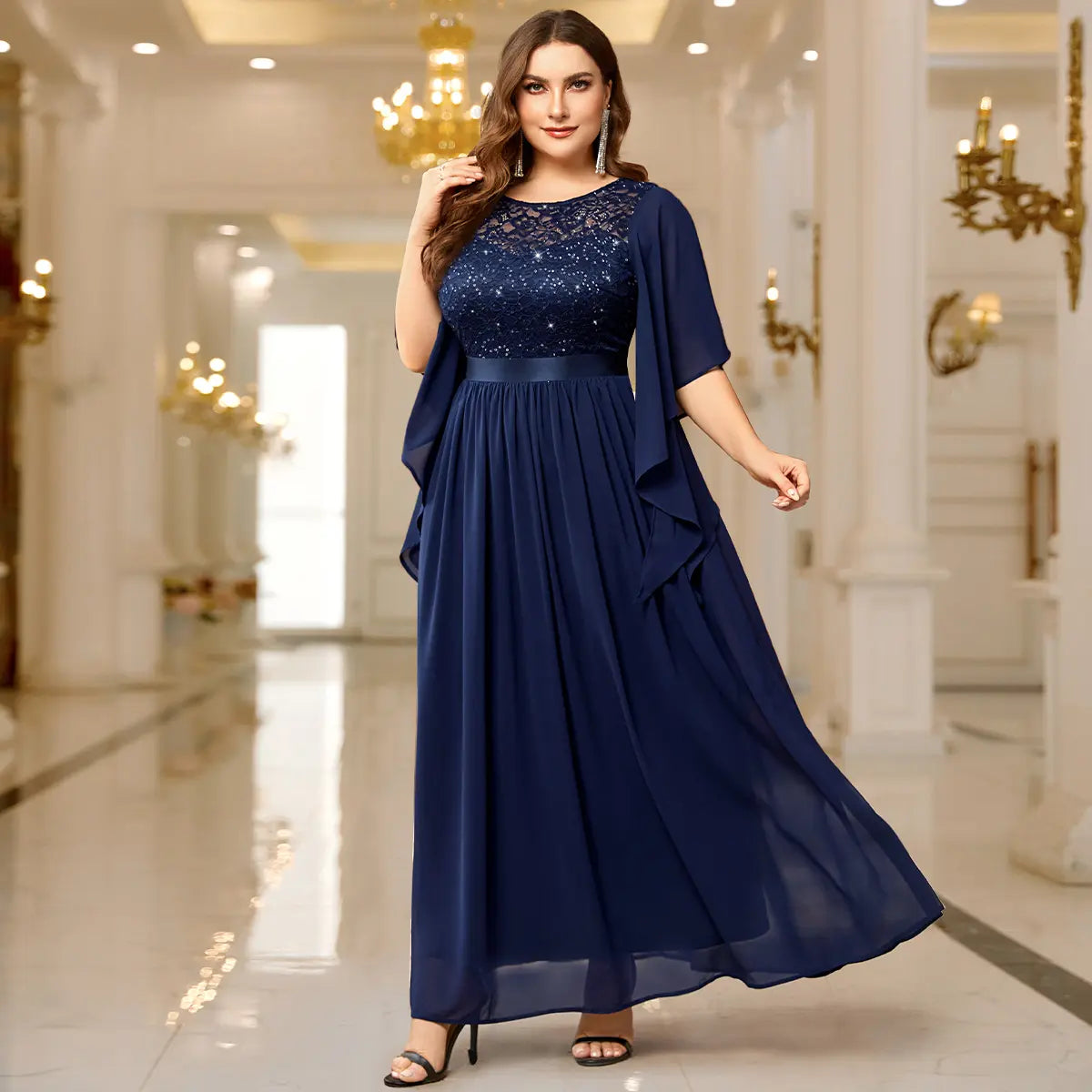 Robe Longue en Mousseline Dentelle et Paillettes à Manches Évasées – Robe de Soirée Élégante
