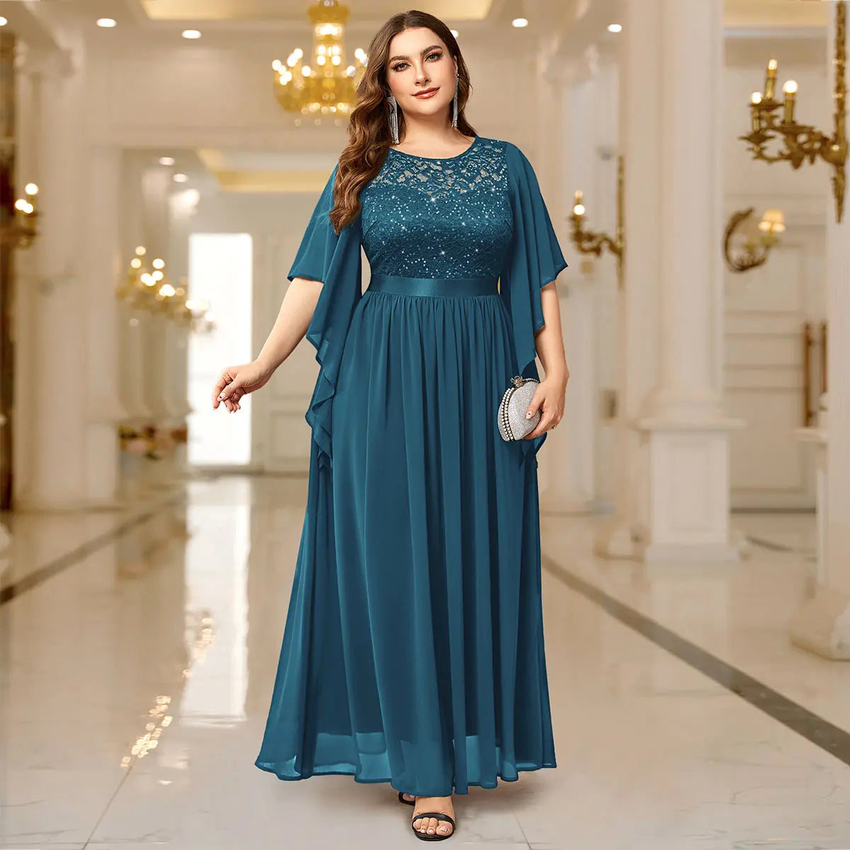 Robe Longue en Mousseline Dentelle et Paillettes à Manches Évasées – Robe de Soirée Élégante