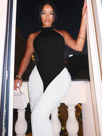 Robe Longue Moulante Colorblock Dos Nu – Robe de Soirée Élégante