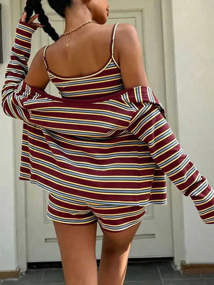 Ensemble Tricot Rayé 3 Pièces – Débardeur, Veste et Short Décontractés