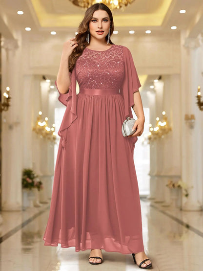 Robe Longue en Mousseline Dentelle et Paillettes à Manches Évasées – Robe de Soirée Élégante