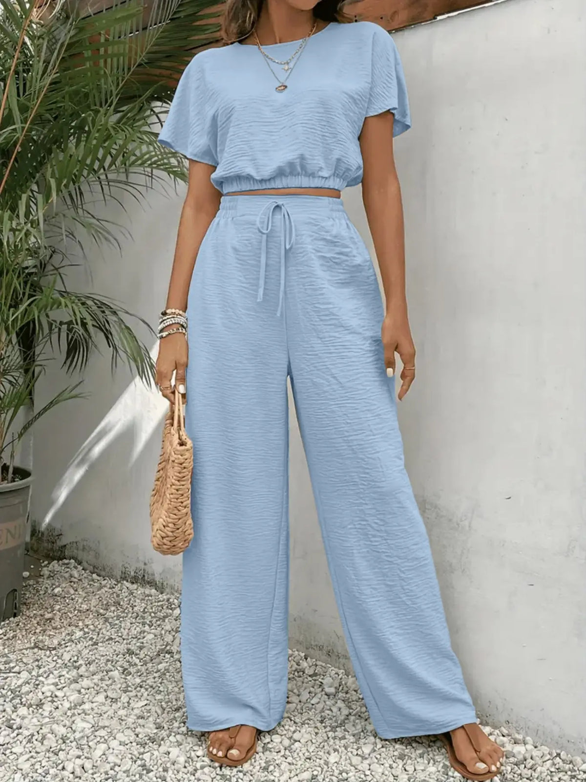 Ensemble Haut Col Rond & Pantalon Large – Tenue Décontractée à Cordon Deux Pièces