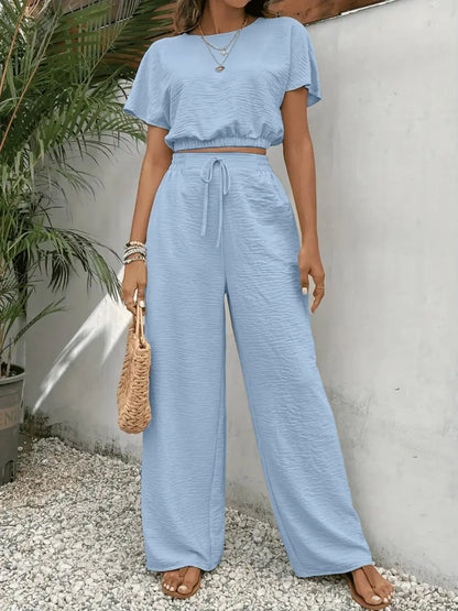 Ensemble Haut Col Rond & Pantalon Large – Tenue Décontractée à Cordon Deux Pièces
