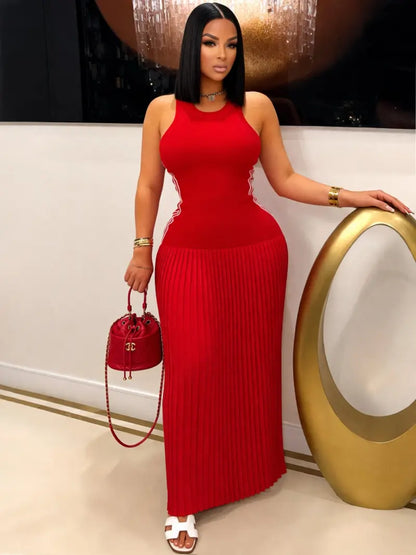 Robe Longue Plissée sans Manches – Robe Débardeur Ajustée