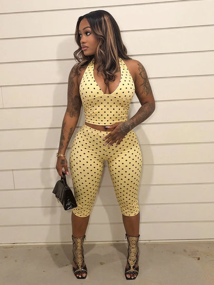 Ensemble Haut Dos Nu à Pois & Legging Capri – Tenue Amincissante Deux Pièces