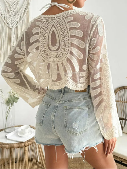 Cache-Maillot Bohème Tournesol – Haut Léger en Dentelle et Mesh à Manches Longues