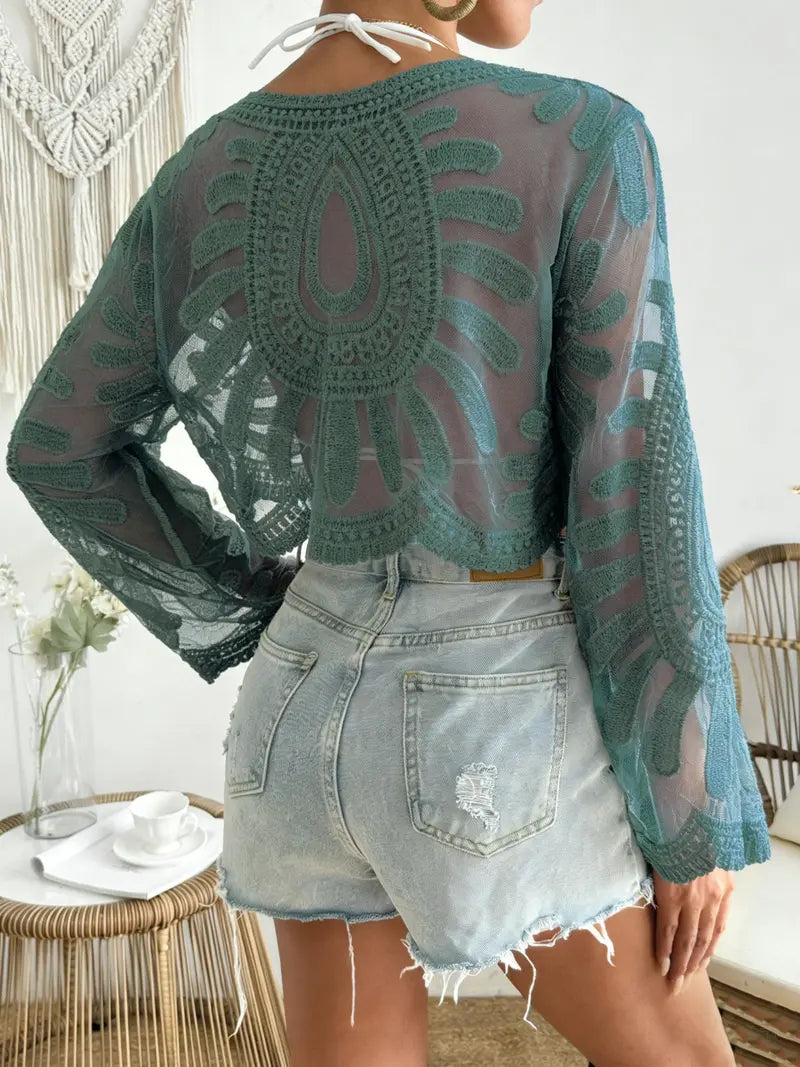 Cache-Maillot Bohème Tournesol – Haut Léger en Dentelle et Mesh à Manches Longues