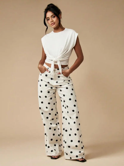 Pantalon Large à Pois Abstraits – Pantalon Bohème Taille Haute avec Poches