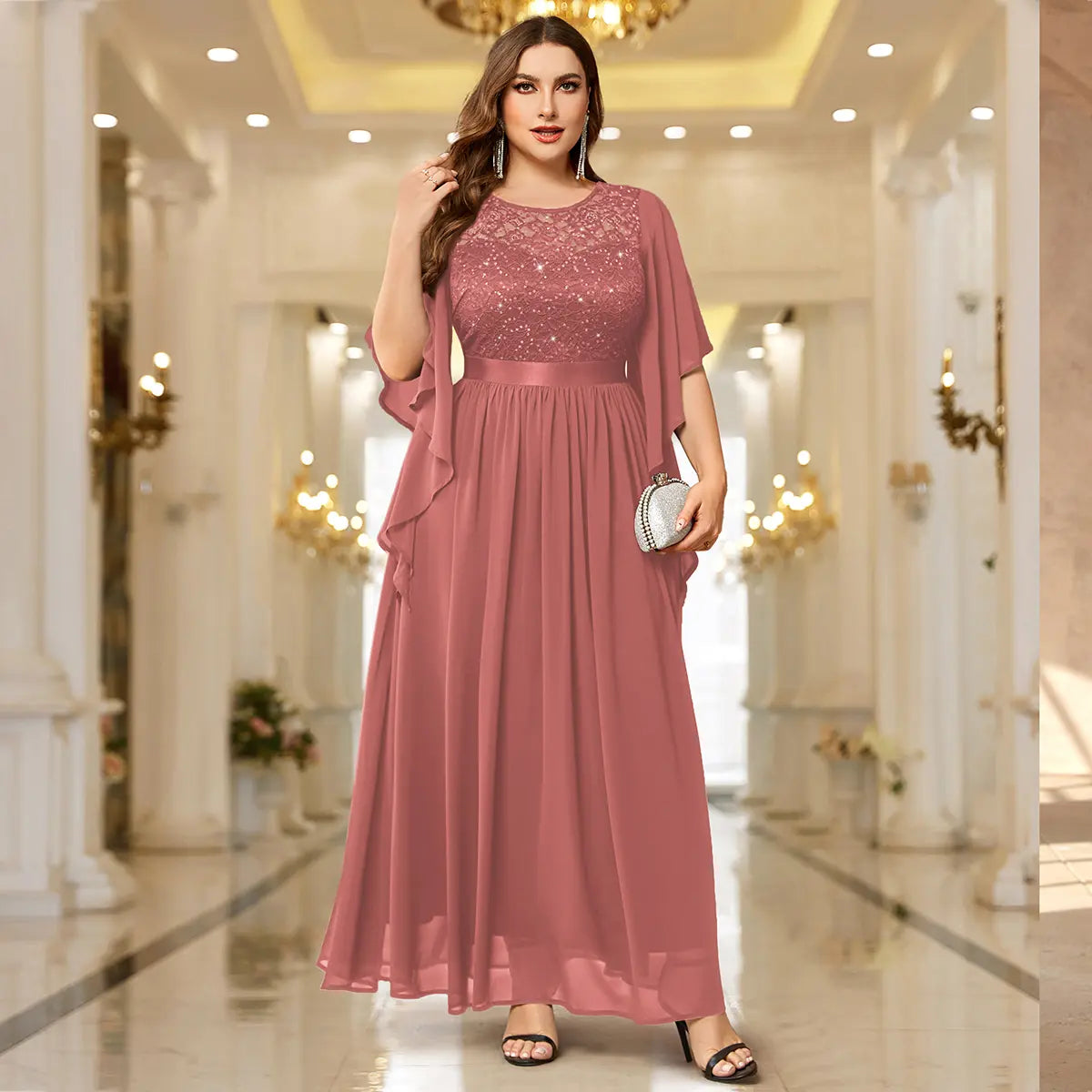 Robe Longue en Mousseline Dentelle et Paillettes à Manches Évasées – Robe de Soirée Élégante