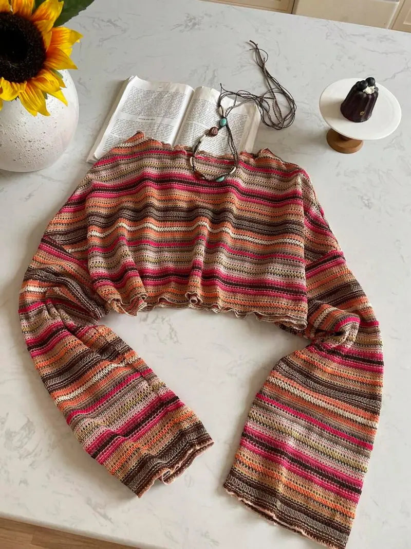Haut en Tricot Rayé Coloré – Pull Texturé à Manches Évasées