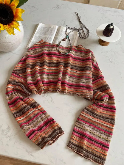 Haut en Tricot Rayé Coloré – Pull Texturé à Manches Évasées