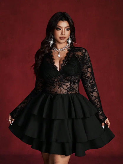 Robe en Dentelle – Robe de Soirée Col V Plongeant Cintrée à la Taille