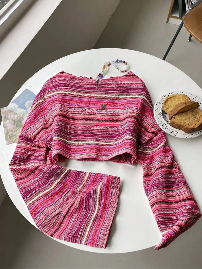 Haut en Tricot Rayé Coloré – Pull Texturé à Manches Évasées