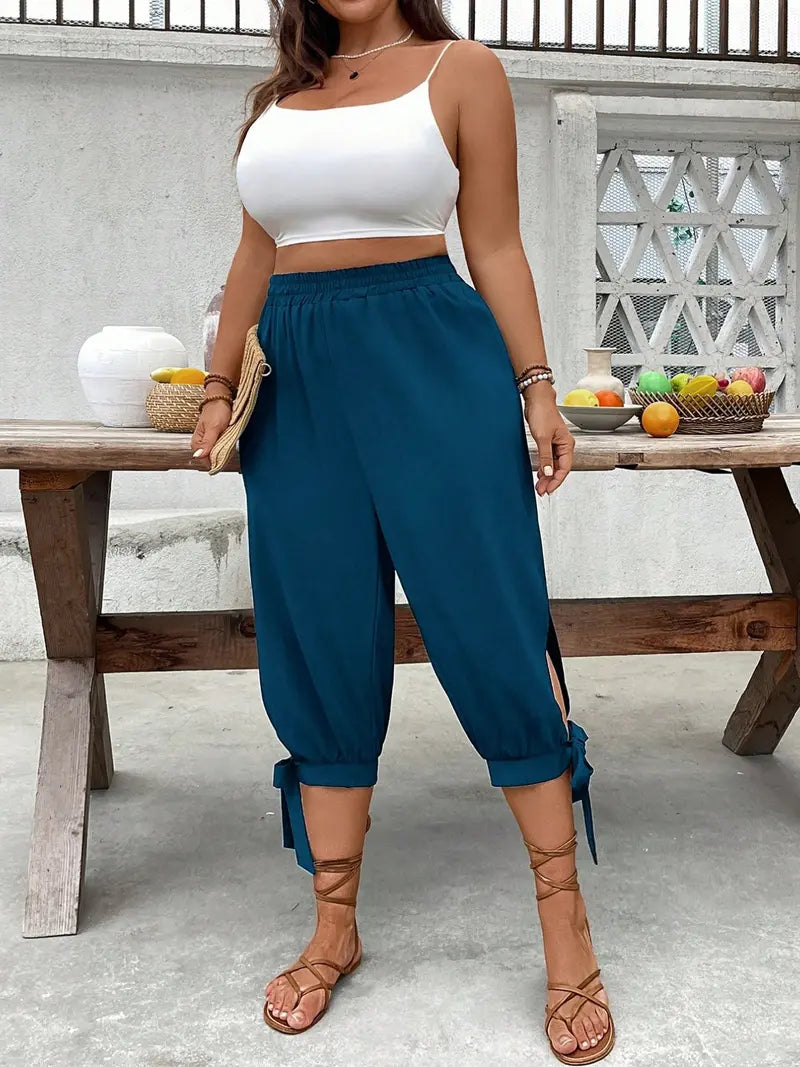 Pantalon Capri Large – Pantalon Décontracté Taille Élastique avec Fente Latérale et Détail Nœud