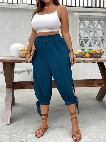 Pantalon Capri Large – Pantalon Décontracté Taille Élastique avec Fente Latérale et Détail Nœud