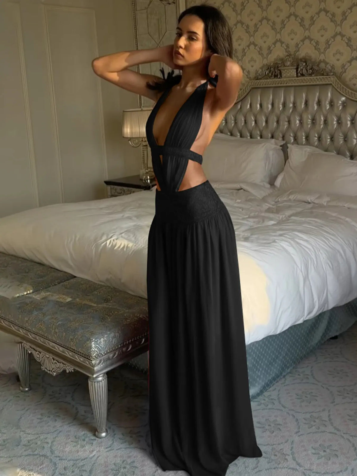 Robe Moulante Dos Nu Col V Plongeant – Robe de Soirée Froncée Dos Nu
