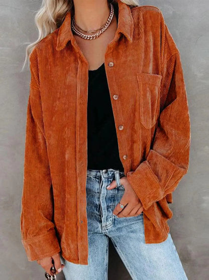 Chemise en Velours Côtelé Boutonnée à Col – Chemise Oversize à Manches Longues avec Poche