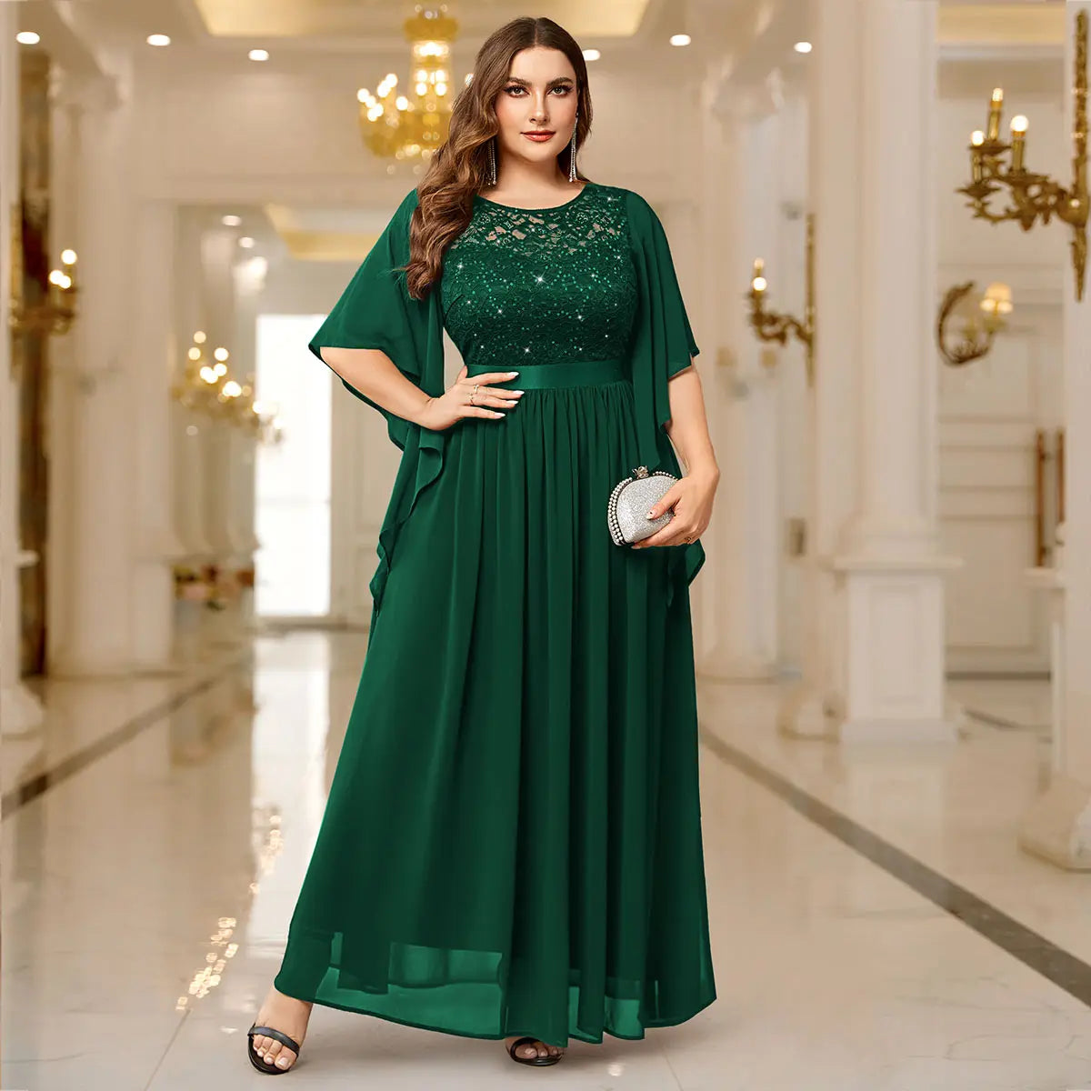 Robe Longue en Mousseline Dentelle et Paillettes à Manches Évasées – Robe de Soirée Élégante