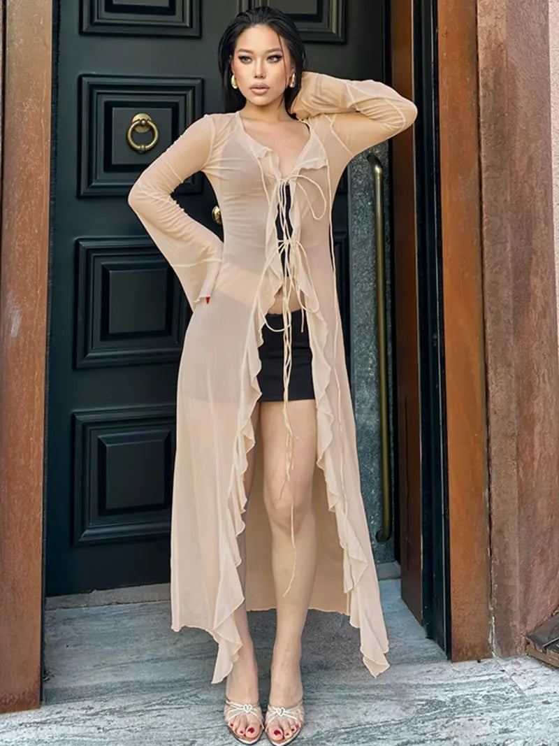 Long Gilet en Mesh Transparent – Cache-Épaules à Volants Nouable Devant