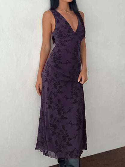 Robe Trapèze en Tricot Fleuri Col V Plongeant – Robe Longue Moulante Élégante