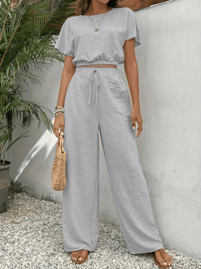 Ensemble Haut Col Rond & Pantalon Large – Tenue Décontractée à Cordon Deux Pièces