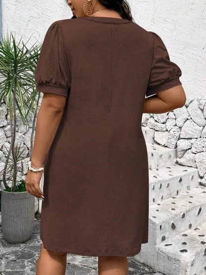 Robe Trapèze Col V à Manches Bouffantes – Robe d'Été Décontractée