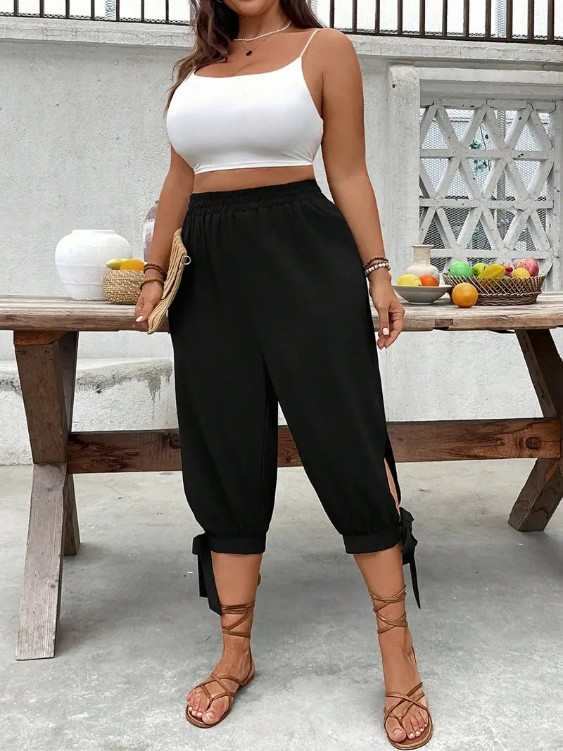 Pantalon Capri Large – Pantalon Décontracté Taille Élastique avec Fente Latérale et Détail Nœud