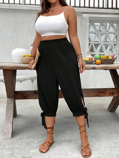 Pantalon Capri Large – Pantalon Décontracté Taille Élastique avec Fente Latérale et Détail Nœud